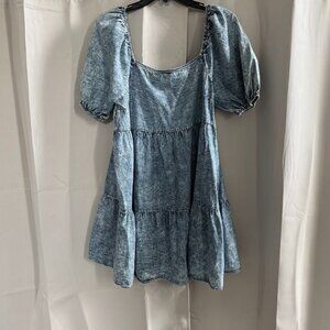Denim Womens Dress Medium Milkmaid Tiered Puff Sleeve Acid Wash Western 18310